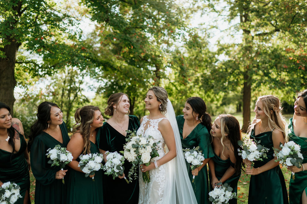 Bride and bridesmaids photos from a fall Catholic South Bend, Indiana wedding