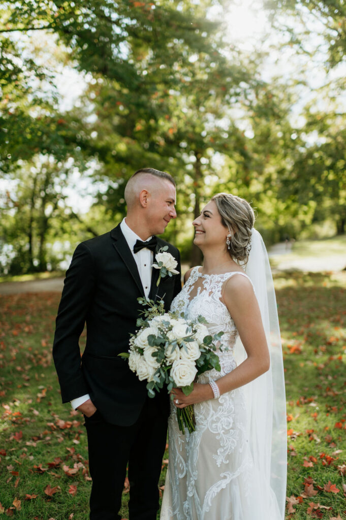 Bride and groom portraits from a fall Catholic South Bend, Indiana wedding