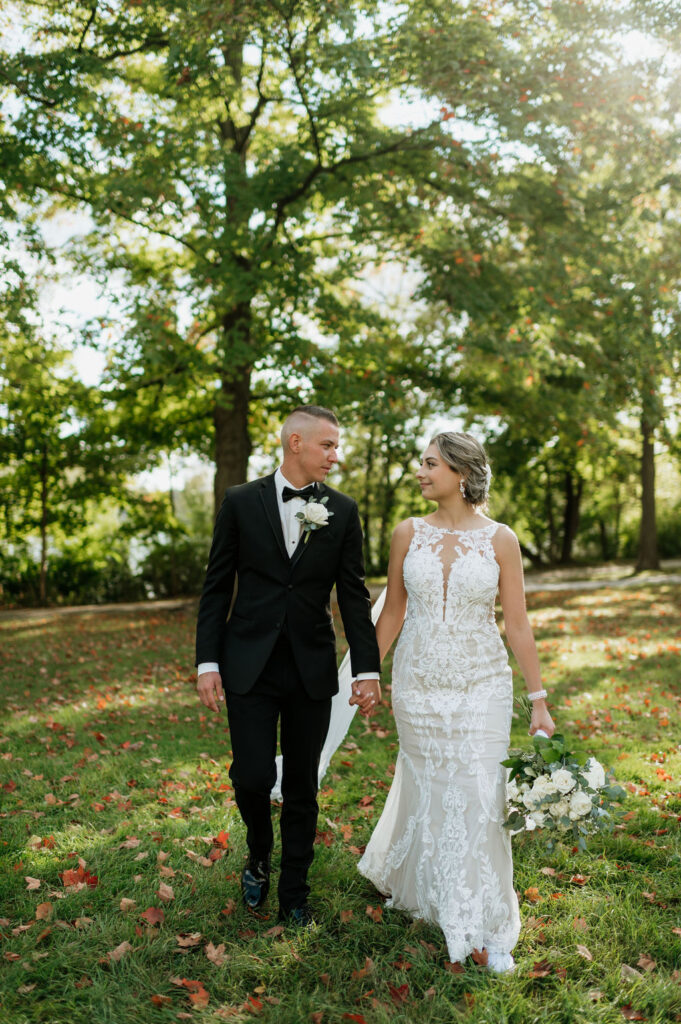 Bride and groom portraits from a fall Catholic South Bend, Indiana wedding