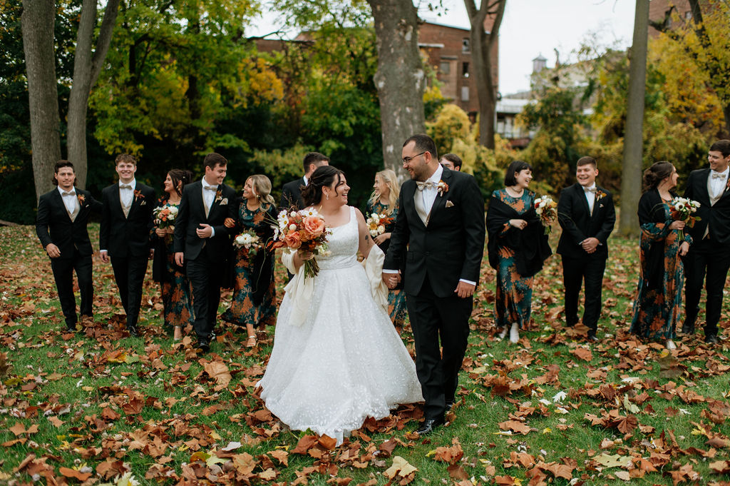 Fall Indiana wedding party portraits at The Brick in South Bend