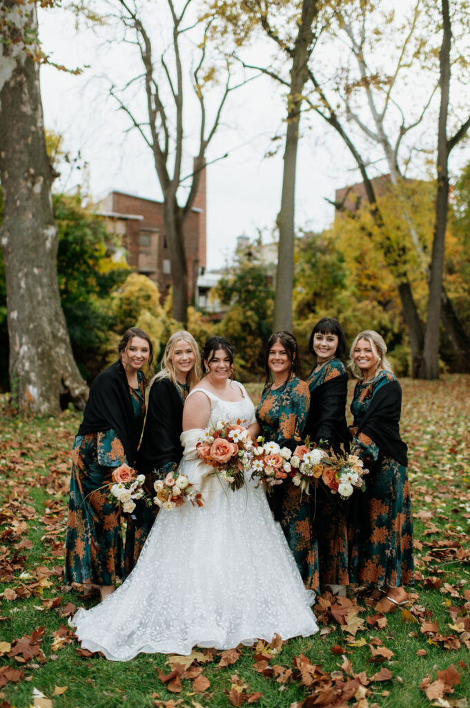 Fall Indiana bride and bridesmaids portraits at The Brick in South Bend