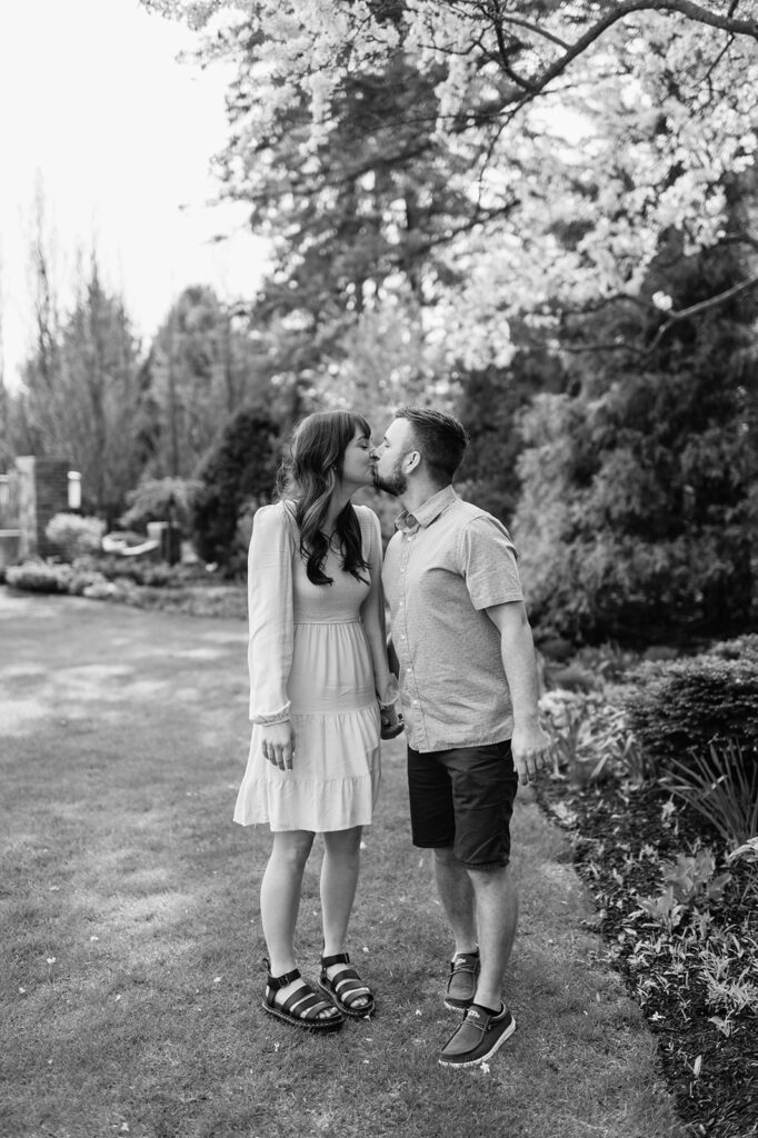 Black and white photo of a couples spring engagement photos in Indiana