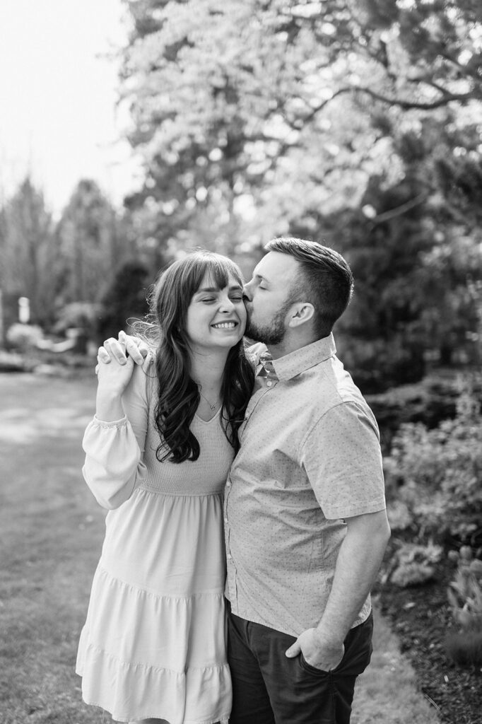 Black and white spring Hamstra Gardens engagement photos in Wheatfield, Indiana