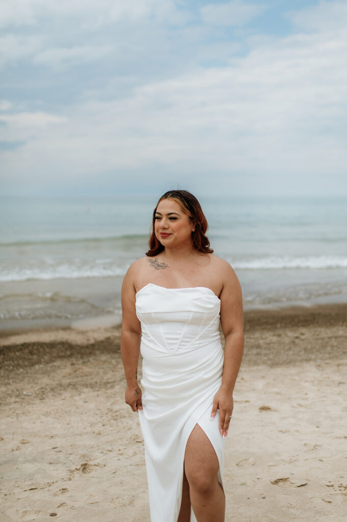 Outdoor bridal portraits on the beach at Indiana Dunes National Park