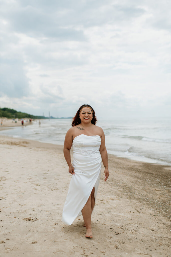 Outdoor bridal portraits on the beach at Indiana Dunes National Park