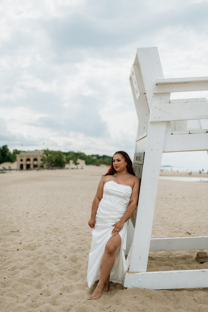 Outdoor bridal portraits on the beach at Indiana Dunes National Park