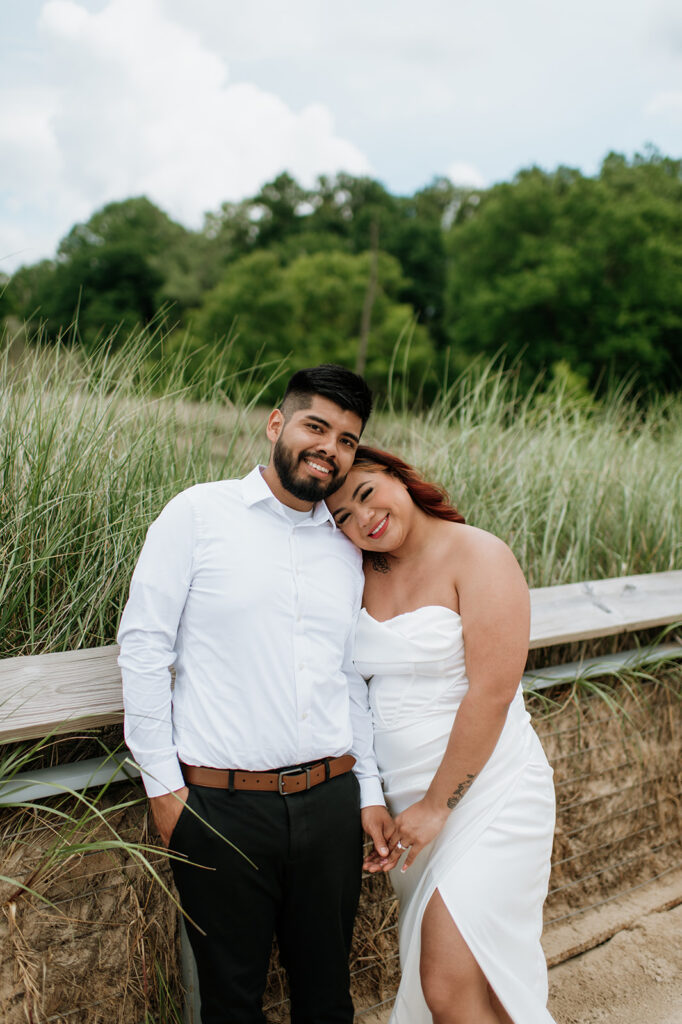 Bride and groom smiling for their Indiana elopement portraits