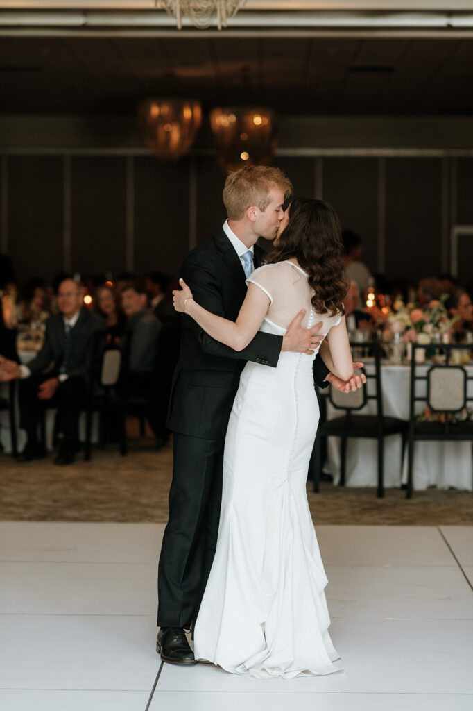 Bride and grooms first dance during their Ritz Charles Carmel, Indiana wedding reception in the Ginkgo Ballroom