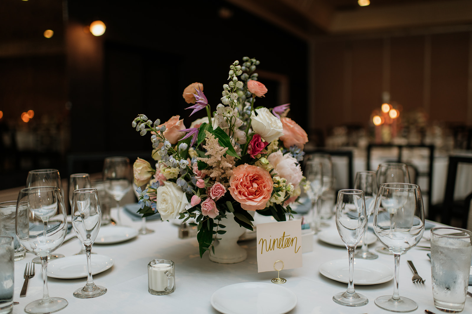 An indoor summer Rita Charles Carmel, Indiana wedding reception in the Ginkgo Ballroom