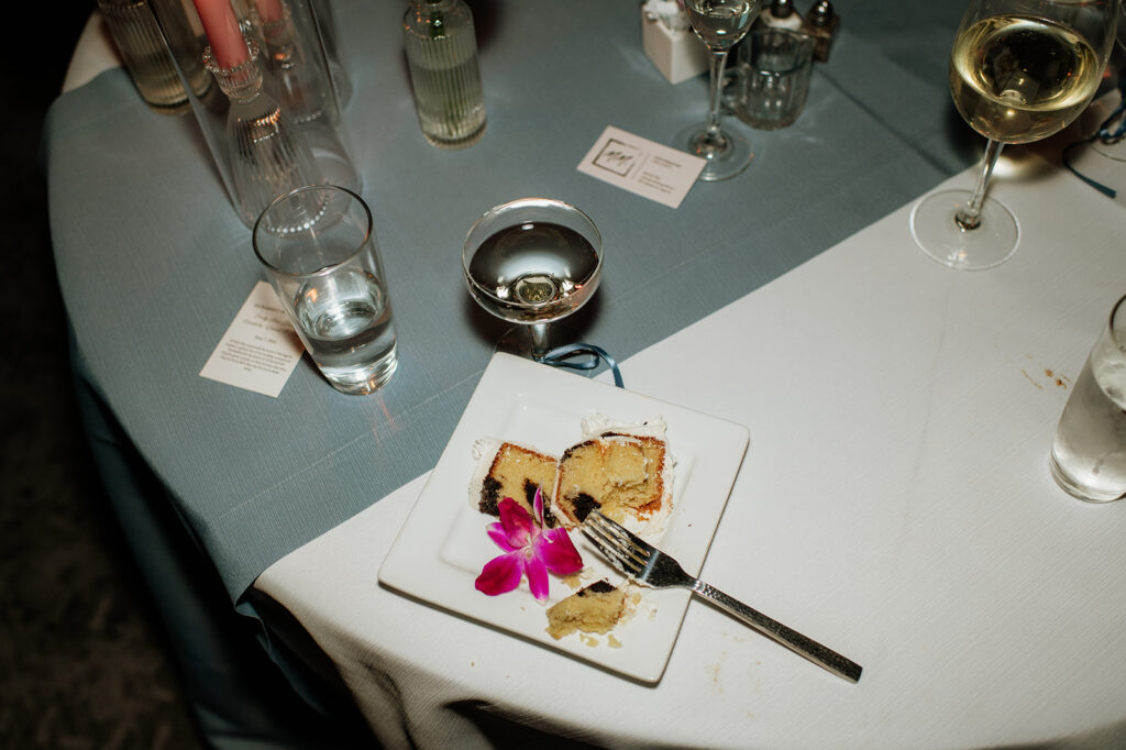 Wedding reception photo of cake and glassware