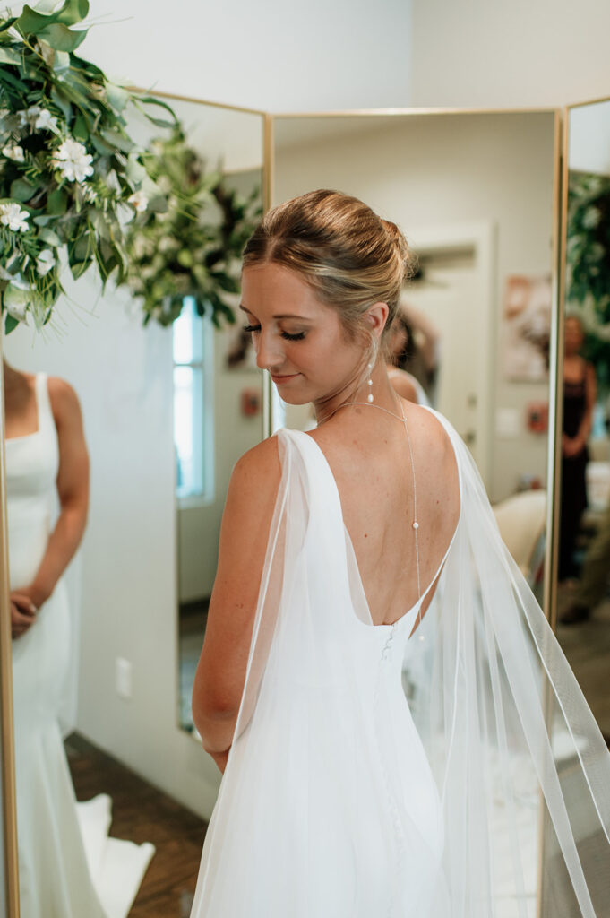 Indoor bridal portraits in the bridal suite at The Wooded Knot in Tippecanoe, Indiana