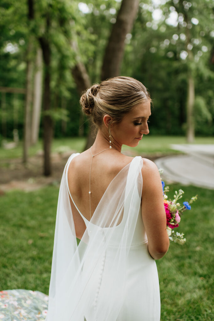 Outdoor bridal portraits from a colorful wildflower wedding at The Wooded Knot in Tippecanoe, Indiana