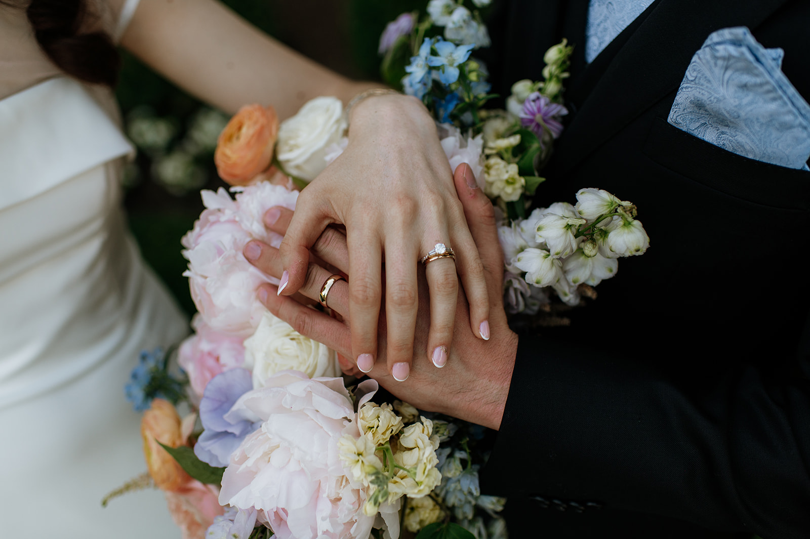 Bride and groom showing off their wedding rings