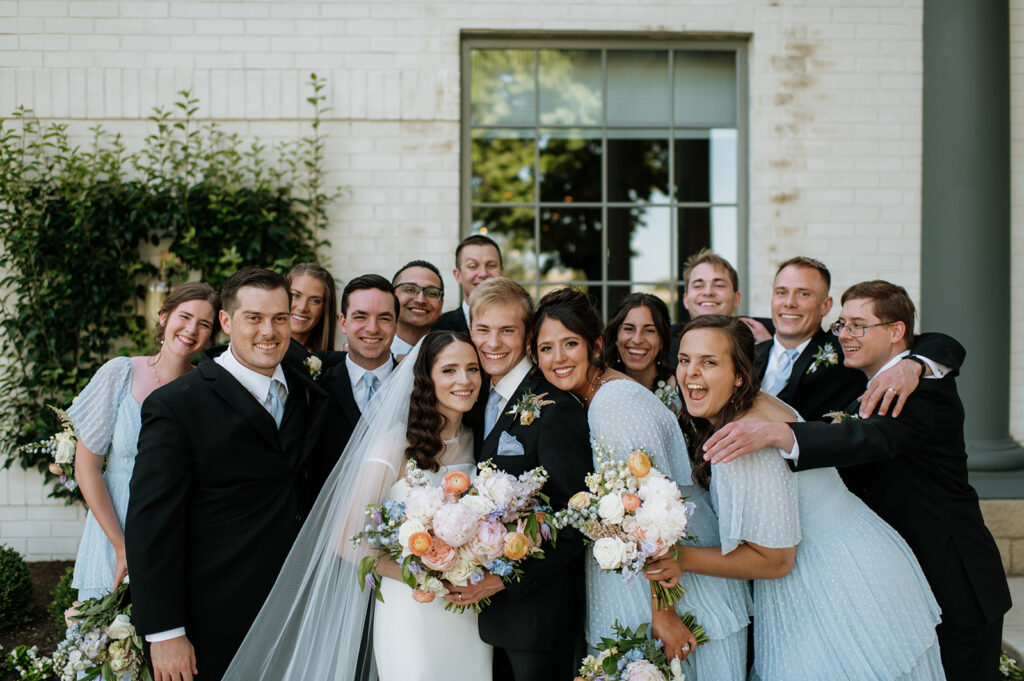 Full wedding party portraits from a summer Ritz Charles Carmel, Indiana wedding