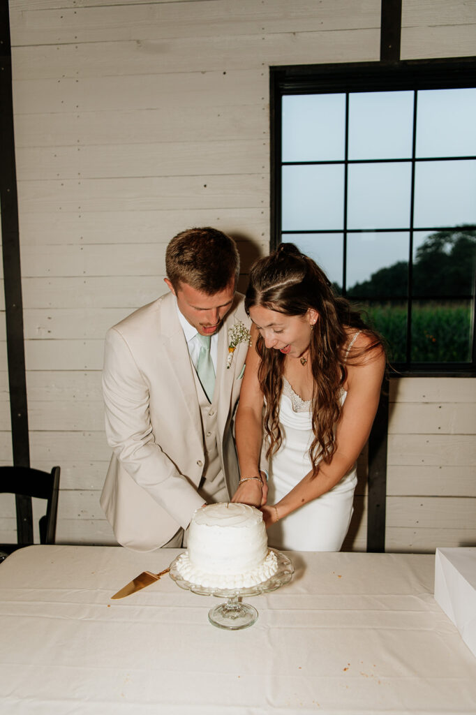 Bride and groom cutting into their wedding cake