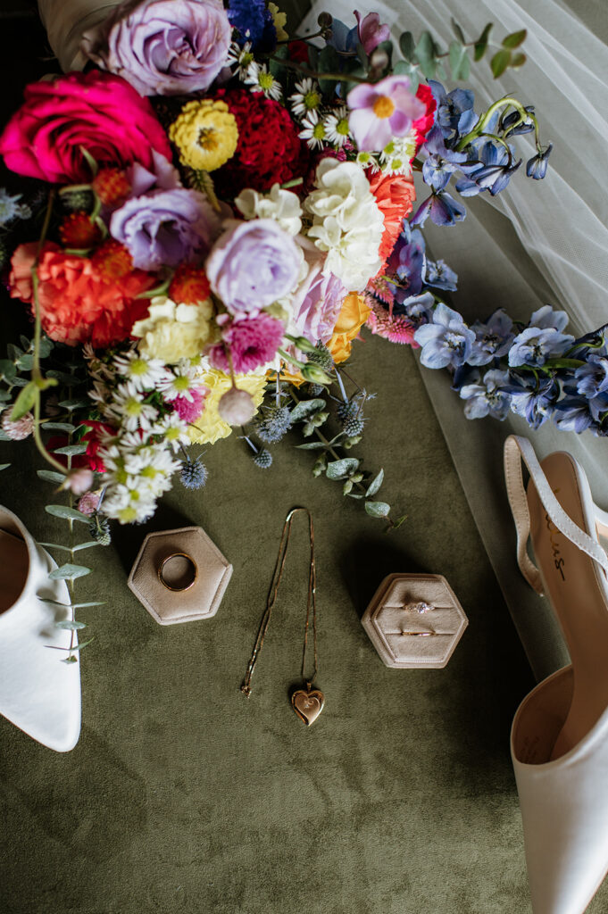 Colorful wedding bouquet and flatlay details