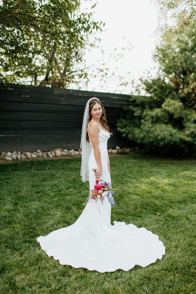 Outdoor bridal portraits during a summer Empeiria 110 wedding in Rochester, Indiana