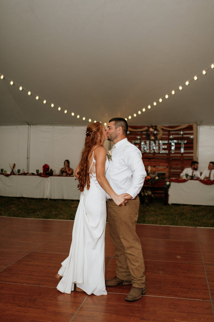 Bride and groom kissing during their first dance