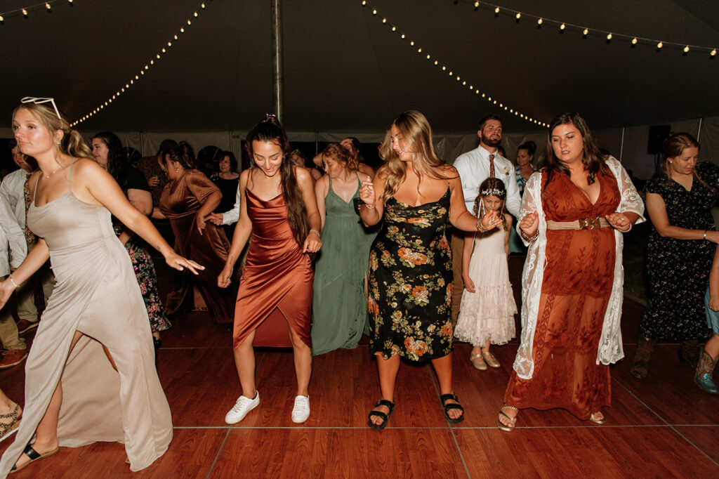 Wedding guests dancing during the reception