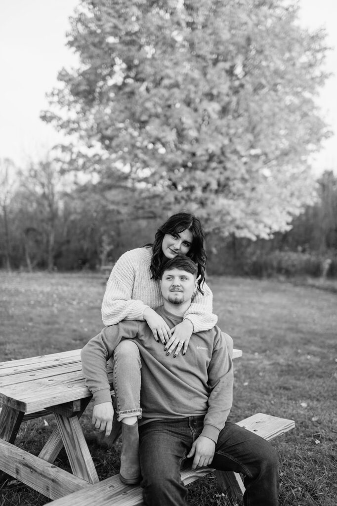 Black and white Northern Indiana engagement photos at Potato Creek State Park