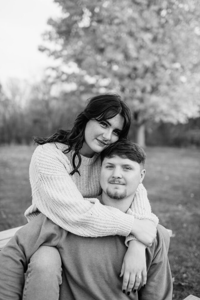 Black and white Northern Indiana engagement photos at Potato Creek State Park