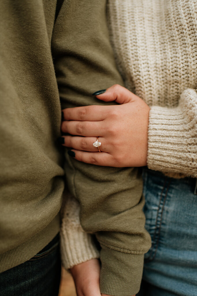 Close up engagement ring detail shot from a fall Northern Indiana engagement session