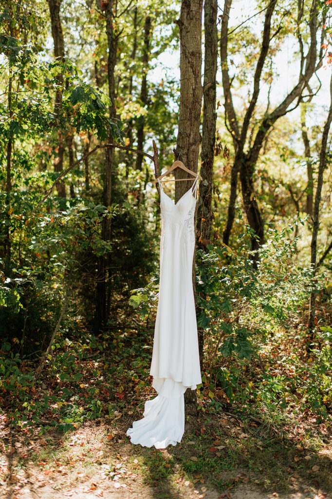 Brides wedding dress hanging off of a tree