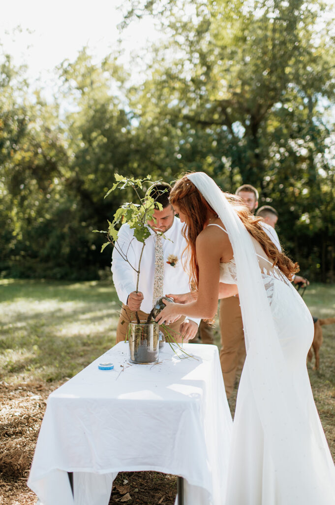 Bride and groom doing a tree planting ceremony