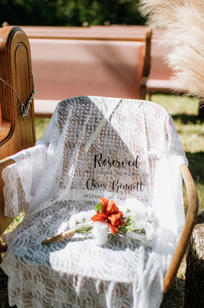 Reserved wedding ceremony seating for mother of the groom