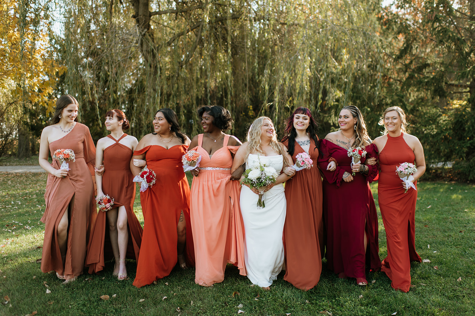 Outdoor bride and bridesmaids portraits from a Willow Acres wedding in Middletown, Indiana