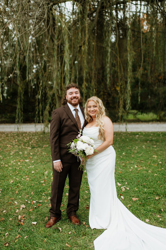 Outdoor fall bride and grooms portraits from their Willow Acres wedding in Middletown, Indiana