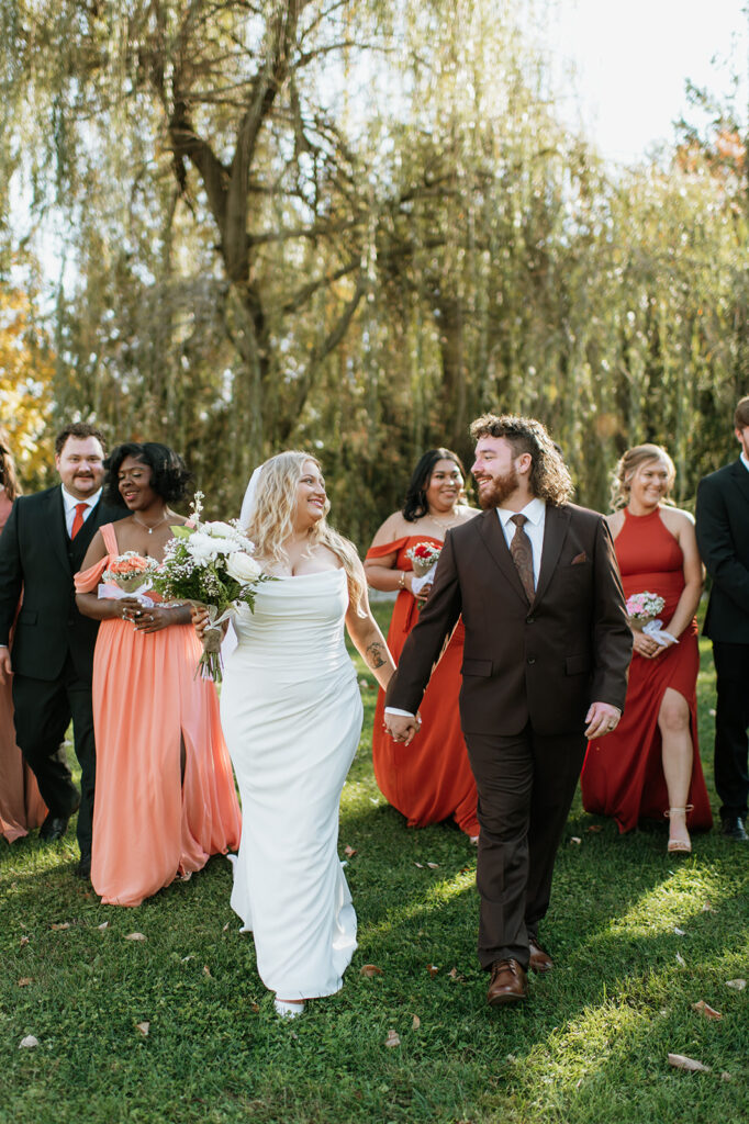 Full wedding party portraits from a fall Willow Acres wedding in Middletown, Indiana