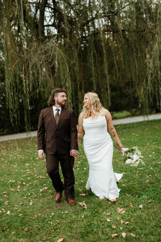 Outdoor fall bride and grooms portraits from their Willow Acres wedding in Middletown, Indiana