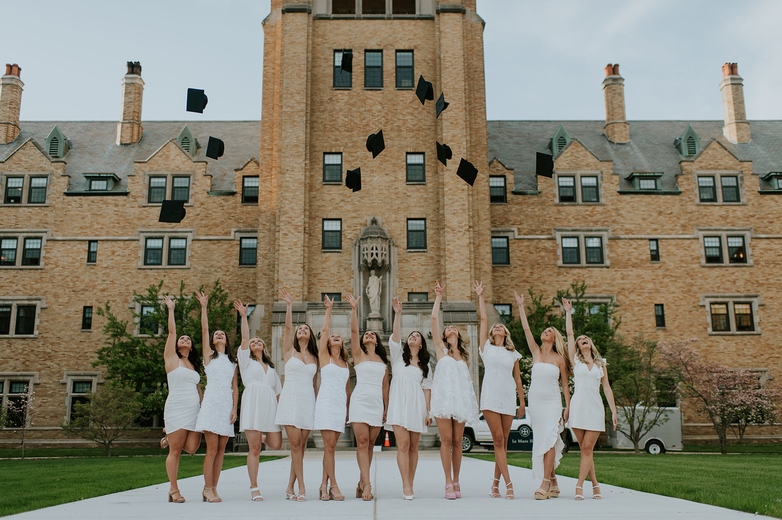 Group of women throwing their graduation caps in the air