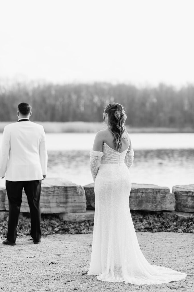 Bride and grooms first looks from their winter wedding at The Allure on The Lake