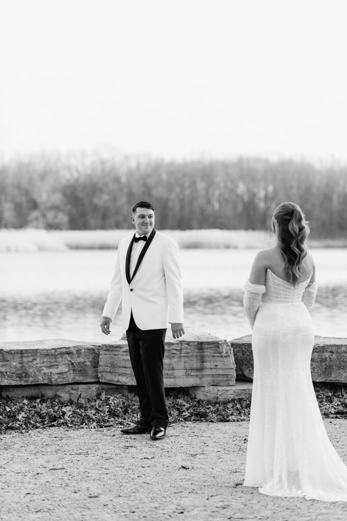 Bride and grooms first looks from their winter wedding at The Allure on The Lake