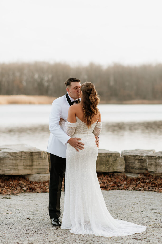 Bride and grooms first looks from their winter wedding at The Allure on The Lake