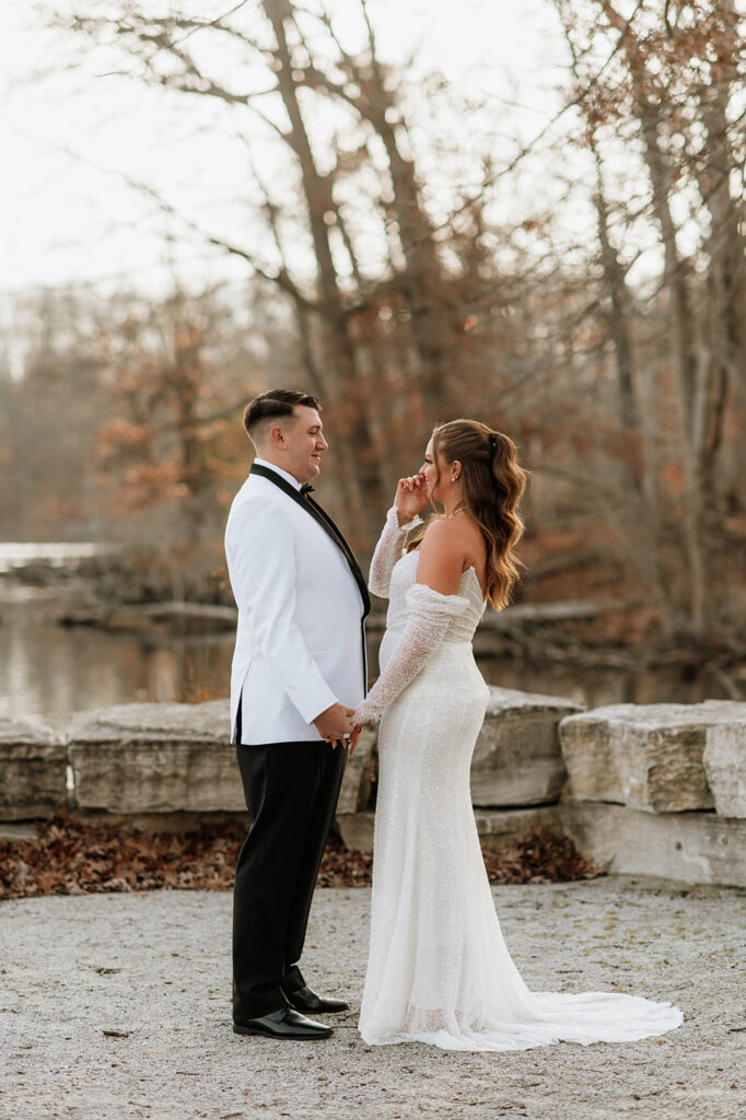 Bride and grooms first looks from their winter wedding at The Allure on The Lake