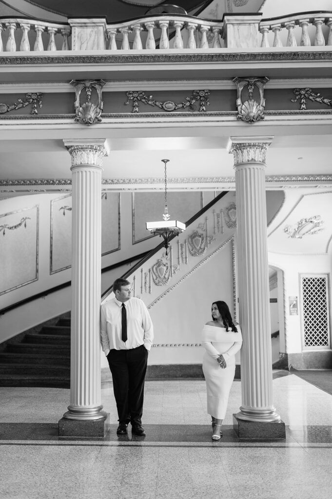 Editorial engagement photos at The Morris Performing Arta Center in South Bend, Indiana