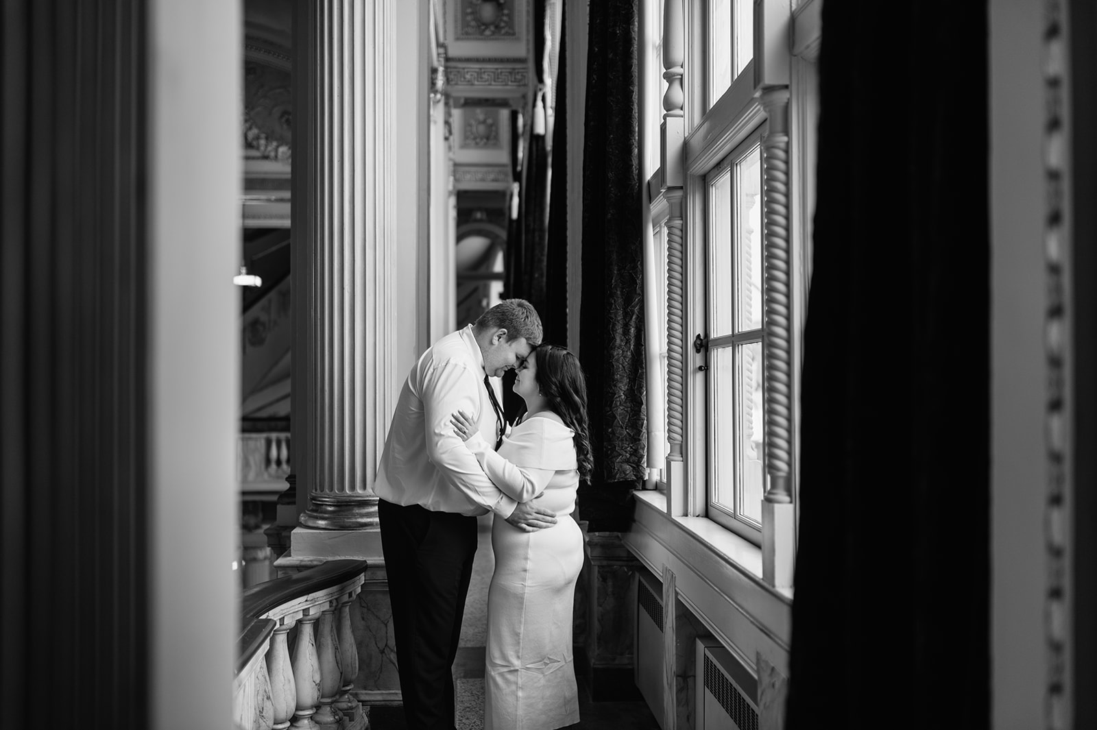 Black and white formal engagement photos in South Bend at The Morris Performing Arts Center