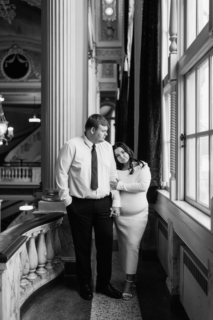 Couple posing for their South Bend engagement photos at Morris Performing Arts Center 