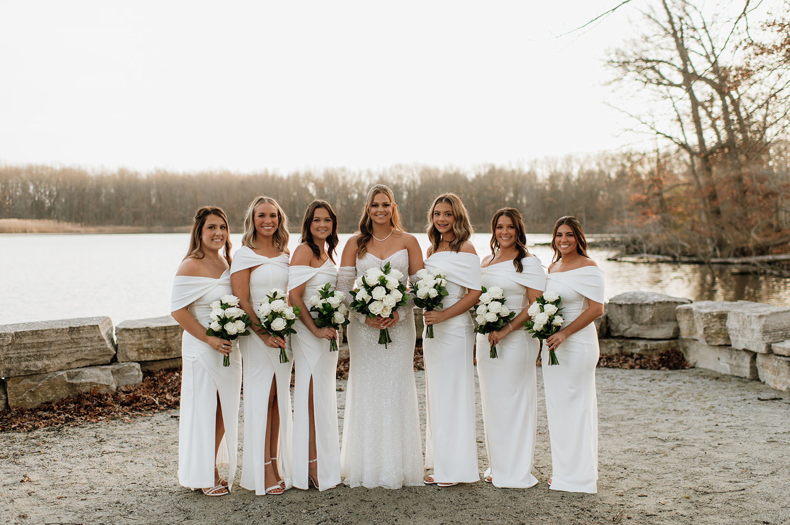 Outdoor bride and bridesmaids photos from a winter wedding at The Allure on The Lake in Chesterton, Indiana