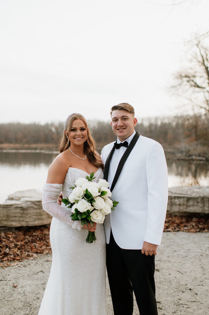 Outdoor bride and groom portraits at Allure on The Lake wedding venue in Chesterton, Indiana