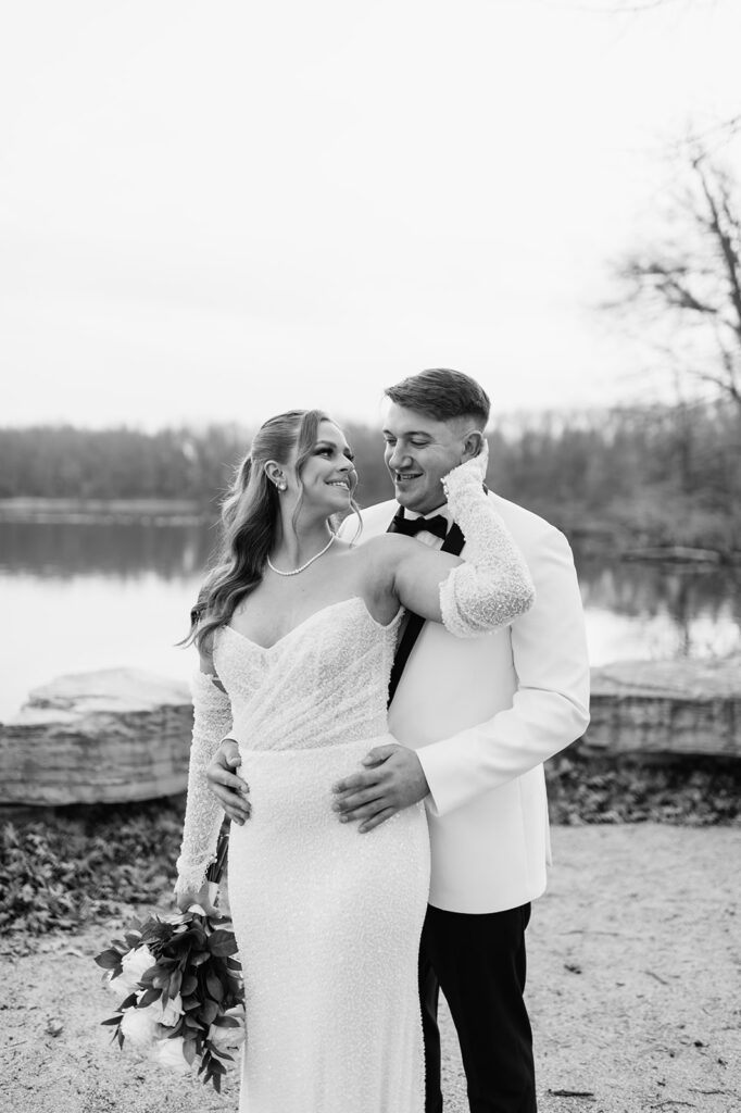 Outdoor bride and groom portraits at Allure on The Lake wedding venue in Chesterton, Indiana