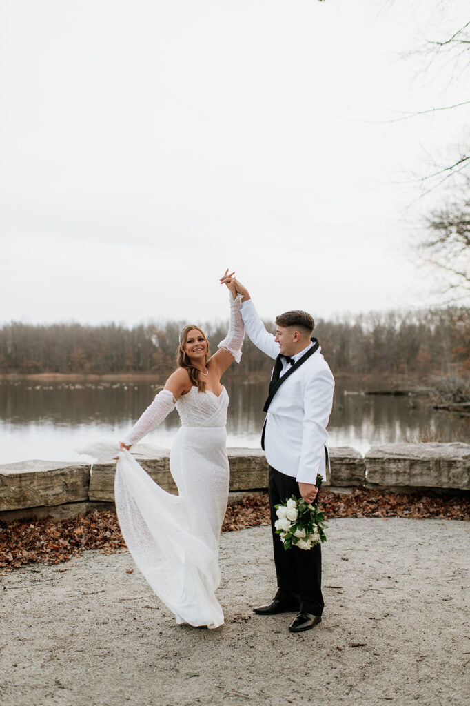 Outdoor bride and groom portraits at Allure on The Lake wedding venue in Chesterton, Indiana