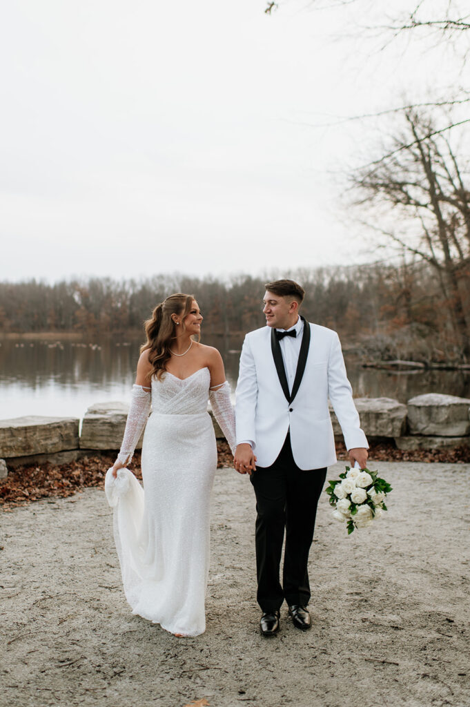 Outdoor bride and groom portraits at Allure on The Lake wedding venue in Chesterton, Indiana
