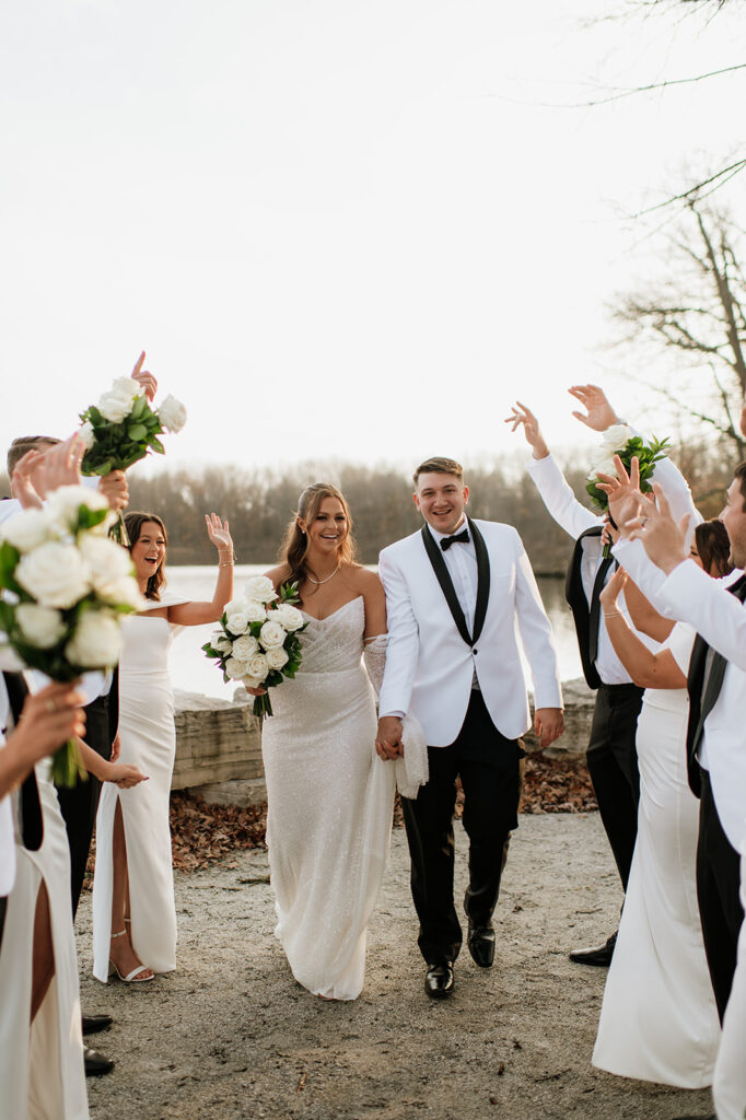Outdoor wedding party photos from their winter wedding at The Allure on The Lake