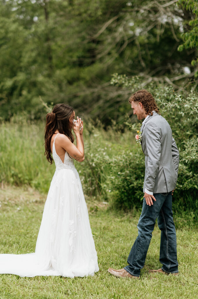 Bride getting emotional during their first look