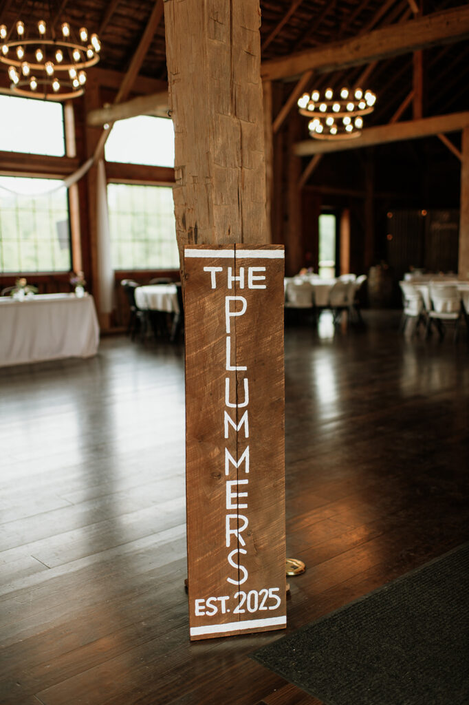 Wedding sign that says " The Plummers EST 2025"