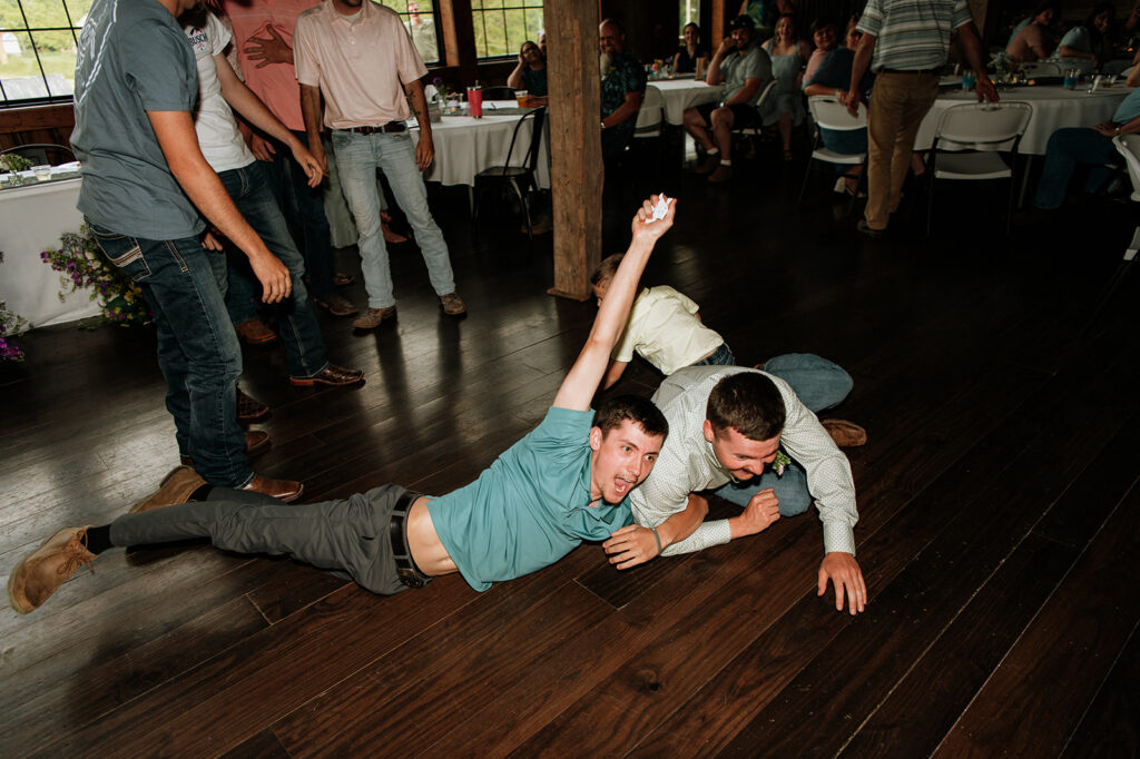Guests falling over trying to catch the brides